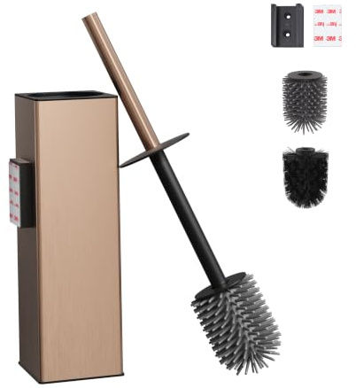 BVL Spazzolone per WC montaggio a parete Oro Rosa, Portaspazzolone senza foratura Metallo Include 2 Testine, Spazzolone per WC Silicone Spazzola WC Rettangolare