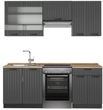 Vicco Küchenzeile Fame-Line, Dunkelgrau, 200 cm, AP Eiche