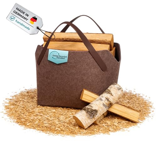 kontor28® - Kaminholzkorb aus Premium Filz 100% MADE IN GERMANY | Brennholzkorb Füllvolumen 65 L mit herausnehmbarem Boden | Feuerholzkorb mit Echtleder-Henkel, robust & standfest - Farbe Naturmeliert