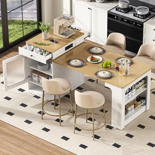 Ligterra Kücheninsel mit Sitzgelegenheit, Ausziehbarer Esstisch mit Abnehmbarer Tischplatte, Bartisch, Dient als Kücheninsel, Anrichte, Sideboard oder Bartisch für Küche und Esszimmer (Weiß)