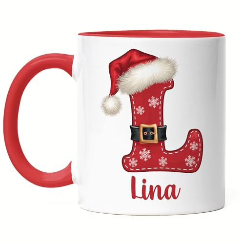 Kiddle-Design Weihnachtstasse personalisiert mit Name & Buchstabe, Tasse Weihnachten Namenstasse Alphabet, Becher Anfangsbuchstabe Nikolausgeschenk Initiale - Tasse Rot