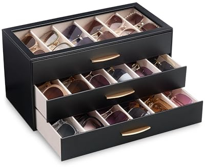 Lolalet Caja para Gafas de Sol 3 Niveles con 18 Compartimentos y Tapa Transparente – Organizador para Mujer, Ideal para Exhibir, Decorar o Regalar en el Hogar - Negro