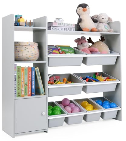 GOPLUS Organizador de Juguetes para Niños, Estantería de 4 Niveles con 8 Bandejas, Armario para Juguetes y Libros, Mueble Infantil Versátil para Dormitorio Salón Guardería, 112,5 x 30 x 100 cm (Gris)