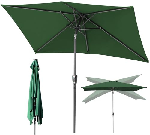 Tysobes Ombrello da giardino rettangolare, 1,4 x 2,1 m, protezione solare UPF 50+, inclinazione 30°, con manovella, per terrazza, balcone, piscina, senza base, verde