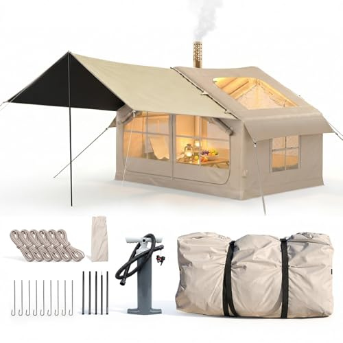 HAUSPROFI Aufblasbares Zelt für 2-4 Personen, Campingzelt mit Dachfenster & Kaminöffnung & Luftpumpe, Outdoor Zelt aus Wasserdichtem Oxford-Stoff, Schneller Aufbau, Beige