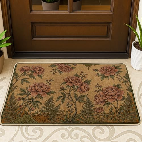 Peony Welcome Door Mat, Vintage Natural Fern Berries Spring Earthy Brown Non-Slip Dirt Trapper Decorative Doormat for Home Indoor Outdoor Entryway Porch Decor 29x17 Inch