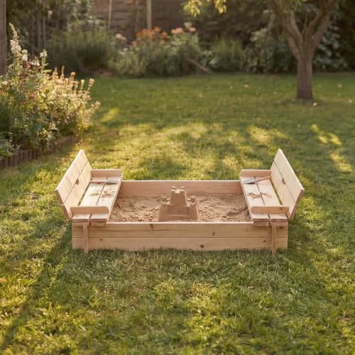 CHARLES BENTLEY Wooden Sandpit with Fold Down Benches & Lid, FSC Certified Timber, 100kg Capacity, Includes Drainage Liner, UKCA & CE Safety Certified, 120x120cm