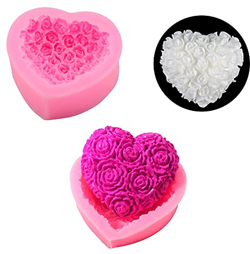 2 Pcs Rose Heart Shape Silicone Mold, 3D Chocolate Cake Candy Baking Mould Fondant Molds for Soap Candle DIY Toys Decorative Ornaments