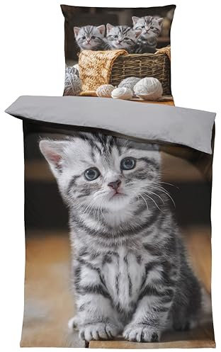one-home Bettwäsche 135x200 cm Mikrofaser Bettbezug Fotodruck modern weich und kuschelig knitterfrei für Sommer und Winter geeignet, Farbe:Katzen grau, Größe:2 teilig 135x200 cm