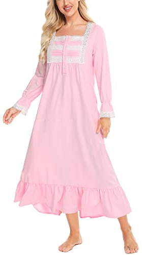 Rubehoow Women's 100% Cotton Nightgown Long Sleeve Victorian Sleep Shirt Full Length Ladies Nightdress with Pokcets (L,Pink)