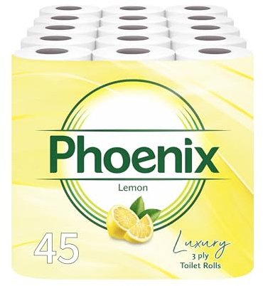 Phoenix Toilet Rolls – 45 Pack | 3 Ply Lemon Scented Toilet Paper | Bulk Buy, Soft, Quilted, Sustainably Sourced, Eco- Friendly Luxury Bathroom Tissue