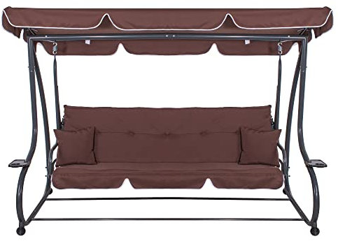 SPRINGOS 4-Sitzer Hollywoodschaukel Gartenschaukel 220 x 162 cm inkl. 2 Kissen Auflagen Schaukelbank m. Getränkehalter Liegefunktion Braun
