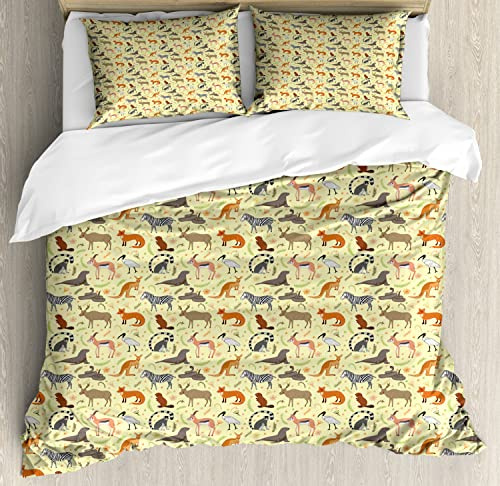 Ambesonne Zoo Duvet Cover Sets, Savannah Animal Exotic Zebra Fox Beaver Antelope Lemur Kangaroo Rattlesnake, Bedding Set with 2 Duvet Covers & 4 Pillowcases, 2 Pack Queen Size, Pale Yellow Multicolor