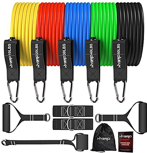 HYBRID Resistance Bands Set Men Women, HEAVY DUTY 12pcs Exercise Bands, Up to 150LB, 68kg, 2 Foam Handles, 2 Ankle Straps, Door Anchor - Fitness Tubes - Exercise Equipment for Home, Gym, Physio