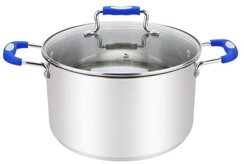 Millvado Stock Pot, 6 Quart Stainless Steel Pot, StockPot With Clear Glass Lid, Steam Hole, Permanent Measurement Markings, Gas, Electric and Induction Compatible Boiling Pot