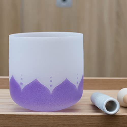 Leize Quarzkristall-Klangschale, 432 Hz, B-Note, Kronenchakra, Violettes Lotus-Design, 15,2 cm breit, mit Wildlederklöppel