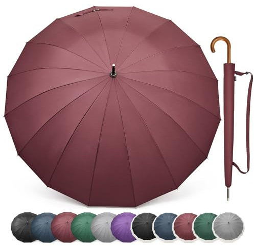 G4Free 54 Inch Large Windproof Umbrella for 2 Persons, 16 Ribs Auto Open Classic Wooden J Handle Cane Stick Golf Rain Umbrellas for Men Women Travel 120cm (Burgendy)