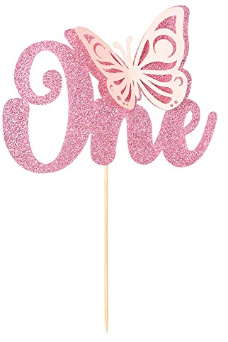 Gyufise 1Pcs Butterfly One Cake Topper Pink Glitter Baby Shower Butterfly 1st Birthday Cake Pick Decorations for Butterfly Theme Baby Shower Kids 1st Birthday Party Supplies