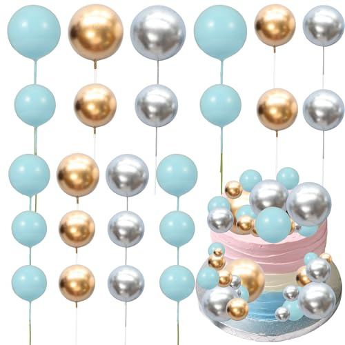 Gyufise 30Pcs Mini Balloon Cake Topper Foam Ball Cake Picks Decorations Faux Pearl Balls DIY Cake Topper Decoration for Baby Shower Wedding Anniversary Birthday Party Supplies Gold Silver Blue