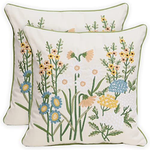 Pilmandu Set of 2 Embroidered Decorative Throw Pillow Covers Couch Square Pillowcases Cushion for Bedroom Sofa Farmhouse Decor 18x18 Inch (Yellow Daisy)