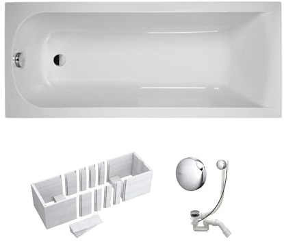 VBChome Badewanne 170x70 cm Weiß Acryl SET – Rechteckwanne mit Styroporträger, Siphon und Ablaufgarnitur in Chrom – Modernes Design, Robustes Material, Einfache Montage