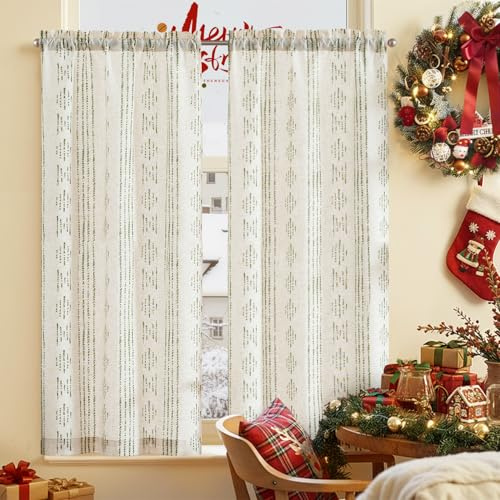 TOPICK Boho Linen Blend Kitchen Curtains 45 Inch Drop Small Cafe Curtains Light Filtering Tier Curtain for Bathroom RV Bedroom Baset Sink Cupboard Rod Pocket Green on Beige 2 Panels