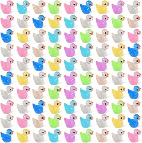 QHFlashbuy Mini Patos 100 Piezas Mini Patos de Resina Luminosa,Coloridos Patos Pequeños,Patos Miniatura Mini Figuras Pato Resina para Jardín,Paisaje,Casa de Muñecas,Decoración DIY