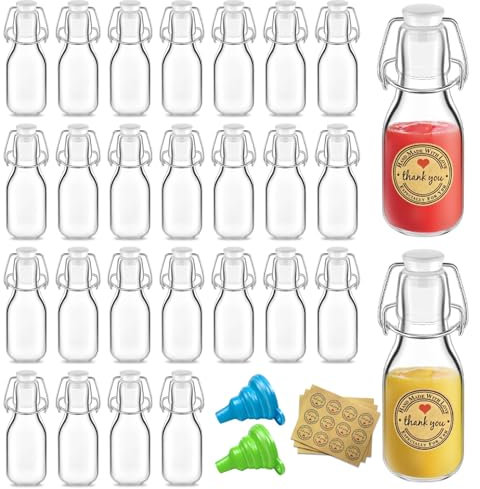 Liubeili 25 PCS Swing Top Glass Bottles 4 oz, Small Glass Bottles with Lids With Funnel Adhesive Round Stickers for Wedding Baby Shower Themed Party Favors