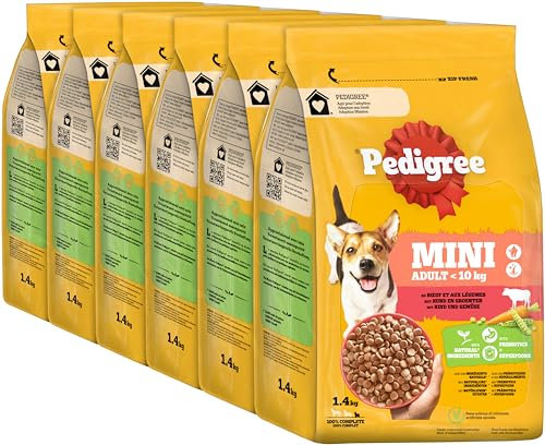 Pedigree Adult Hunde Trockenfutter für kleine ausgewachsene Hunde (<10 kg) mit Rind und Gemüse 6 x 1,4kg