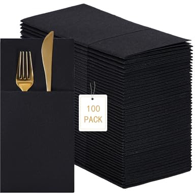 DealbyBox 100pcs Linen Feel Napkins, 1/8 Prefolded, Disposable Airlaid Paper Napkins with Built in Flatware Pocket, Heavy-duty Dinner Napkins for Restaurant,Party,Wedding& Dinner (100Pack, Black)