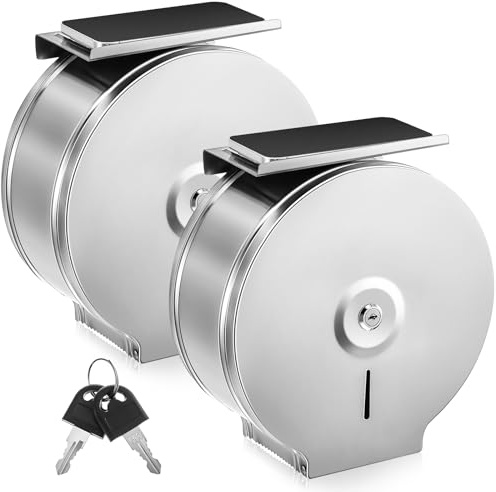 2 Pcs Commercial Jumbo Toilet Paper Dispenser with Shelf Wall Mount Toilet Paper Roll Holder Stainless Steel 9 Inch Brushed Bath Tissue Dispenser with Lock Key(Silver)
