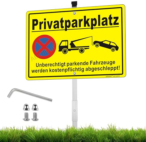 XL Schild Privatparkplatz Aluminium Reflektierend 25×35cm mit 70cm Metallhalterung und Zubehör, UV-beständig, Wasserfest, Rostfrei, mit Bohrlöcher, Gelb