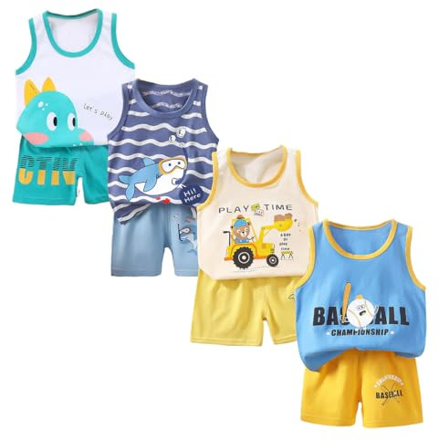 XM-Amigo 8 Pack pojke eller baby pojke ärmlös T-shirt linne korta byxor kläduppsättningar, ålder (3 månader till 7 år), Pojke E06, 4-5 ans