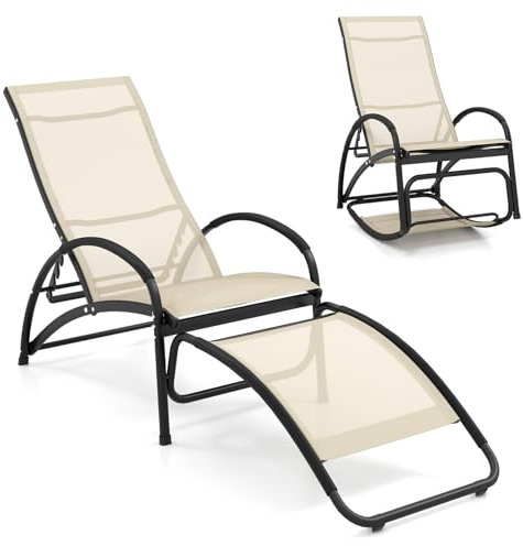 COSTWAY 2 in 1 Sonnenliege, wandelbarer Schaukelstuhl mit Verstellbarer Rückenlehne und gebogenen Armlehnen, Liegestuhl mit Aluminiumrahmen, Gartenliege für Terrasse, Garten, Poolbereich (Beige)