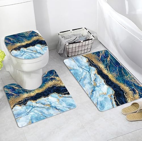 Bad Teppiche Set 3-Teiliges Marmor Blauem Gold WC Vorleger Mit Ausschnitt Badematte Saugfähig WC Deckelbezug Badvorleger rutschfest Waschbar Toilettensitzbezug Badgarnitur (45x75cm)
