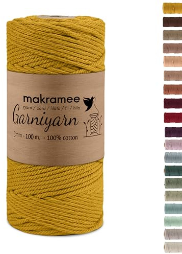 GARNIYARN Makramee Garn 3mm x 100m Baumwollkordel, Ockergelb