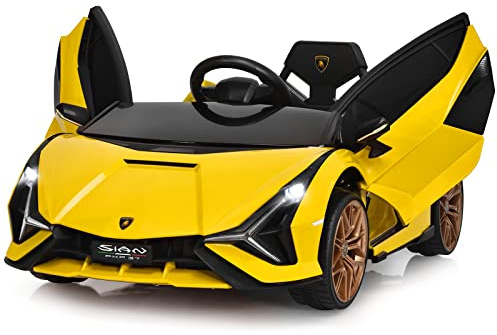 GOPLUS Elektrisk bil Lamborghini, barnbil med fjärrkontroll, barnfordon, Bluetooth USB, med tuta och musik, 3–5 km/h, framåt och bakåt möjligt, för barn från 3–8 år (gul)