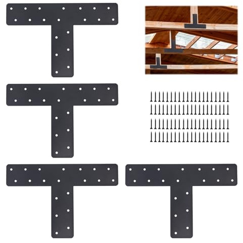 4 Pcs T Post Bracket, Black T-Plate Metal Plates （Actual 14.9 ”× 9.8 ”× 3 “, Heavy Duty Patch Plate Attachment Bracket for 4x4,6x6 Repairing House Beams, pergola, Gazebos, Truss Framing