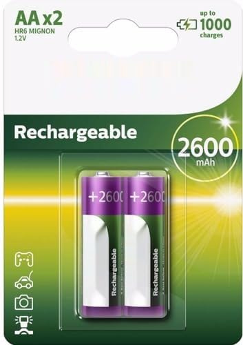 Pack de 2 Pilas Recargables AA Philips R6B2A260/10, 1.2V. Ideal para Tus Dispositivos, ofreciendo Confianza y Rendimiento en Cada Uso.