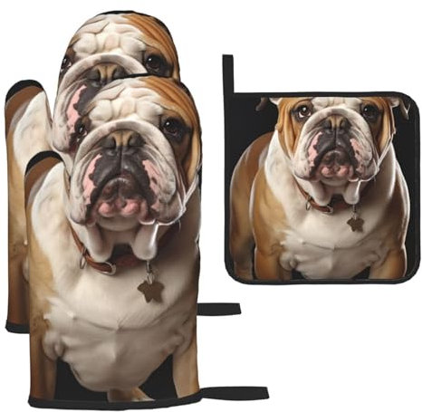 3-teiliges Ofenhandschuh- und Topflappen-Set, hitzebeständige Ofenhandschuhe und Topflappen, Grillhandschuhe, Hot Pads, Englische Bulldogge, Kochhandschuhe für Küche, Backen, Grillen