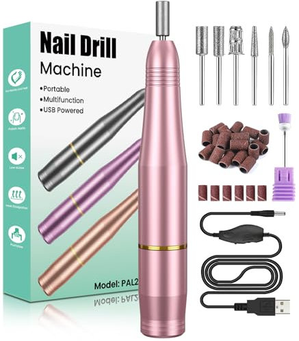 Ponceuse pour Ongles, Lime a Ongle Electrique, Ponceuse Ongle Manucure Machine 20000RPM Portable Kit de Manucure Pédicure pour Les Ongles en Acrylique et en Gel, avec 6 Forets