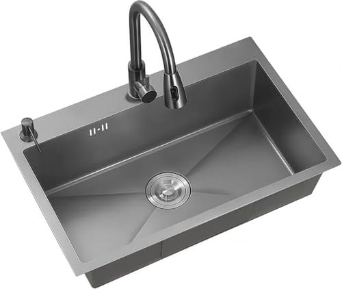 Lavandino Cucina 80x50cm, Lavello Cucina 1 Vasca con rubinetto a estraibile,Lavabo Cucina Acciaio Inox da Appoggio,Lavabo cucina Grande Montaggio Incasso o Superiore