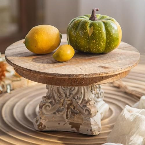 Alzata per torte in legno, per dessert, per tavolo nuziale, intagliata a mano, rustica, rotonda, con piedistallo