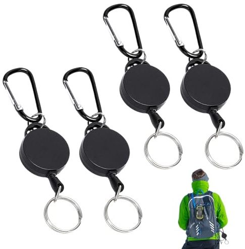 KYLOS Llavero Retractil 4 Piezas Llavero Extensible Retractil, Llavero Extensible Con Cuerda De Acero Extensible De 60 Cm Soporte Para Tarjetas De Identificación Extensible Con Mosquetón,Llavero Retr