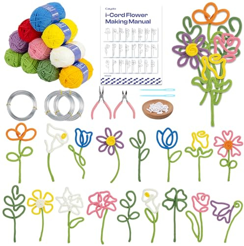 Caydo iCord Blumen Bastelset mit 20 Blumen & 4 Blatt Vorlagen, 10 Strickgarn-Knäuel und 25m Basteldraht für Anfänger, DIY Florales Handarbeits-Set, iCord Stricken lernen mit iCord Strickmaschine