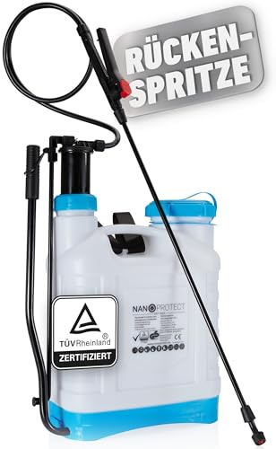 Nanoprotect Rückenspritze | 16 Liter | Leistungsstarke Gartenspritze mit 3 verstellbaren Düsen | Säurebeständig | TÜV-geprüft | Gartensprüher mit Schultergurten und extralangem Schlauch | Sprühgerät