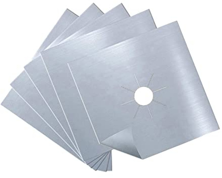 DONFAMDS Lot de 5 Tapis de Cuisinière à Gaz Réutilisables en Tissu Enduit de Téflon Argenté, Résistants la Chaleur et Compatibles Lave-vaisselle pour Protection Pratique Plaque