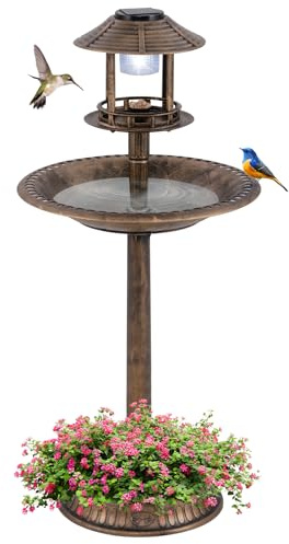 COSTWAY Bain d'oiseaux 3 en 1 Énergie Solaire, Décoration d'Extérieur sur Pied Rétro Éclairé avec Lampe Base de Jardinière de Fleurs Mangeoire, Abreuvoir pour Oiseaux Léger pour Jardin (Bronze)