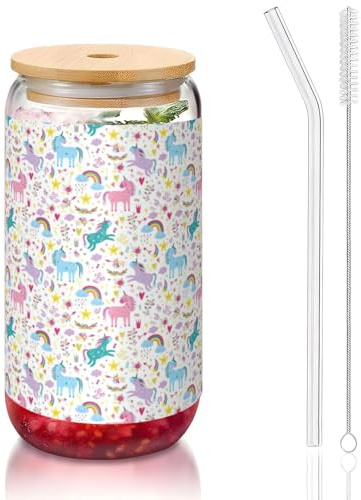 YBGHDAA Unicorns Pink Printing 1 Pcs Drinking Glasses with Lids and Straw 16oz Glass Cups Ideal for Whiskey Beer Tea