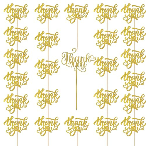 Wasise Thank You Cake Toppers - 1PCS Acrylic Gold Cupcake Topper and 24PCS Glitter Paper Cupcake Toppers, Teacher Cupcakes Topper, Nurse Cupcakes Inserts, Gold Cake Decoration for Thanksgiving Day